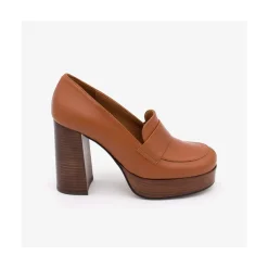 ANGEL ALARCON Petra - Women S Leather Moccasins With Wood Block High Heel And Platform<Vrouwen Heeled Shoes