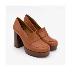 ANGEL ALARCON Petra - Women S Leather Moccasins With Wood Block High Heel And Platform<Vrouwen Heeled Shoes
