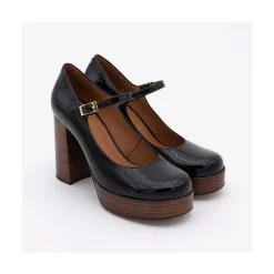 ANGEL ALARCON Soraya - Ankle Strap Shiny Leather Pump With Wood Platform And Block Heel<Vrouwen Heeled Shoes